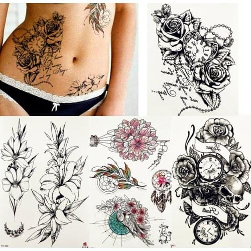 FANRUI Sexy Rose Peony Flower Pocket Watch Temporary Tattoo Sticker Body Art Waist Back Black Tattoos Love Henna Fake Tatoo