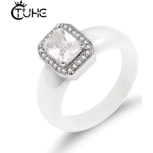 Big Square White Crystal 6mm Ceramic Ring For Women Female Promise Wedding Engagement Rings Fashion Jewelry Smooth Material Gift
