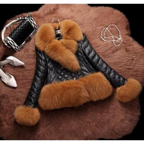 New Winter Women Thicken Leather Jackets Fashion Big Fur Collar Ladies Casual Faux Fur Short Jackets Outerwear
