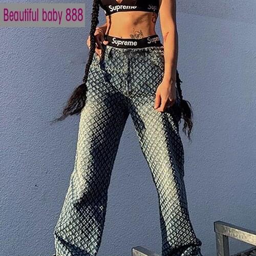 Meqeiss fashion plaid hollow out hip hop pants women Jeans Club 2021 Y2K High Waist loose Street Style Demin Color Pants mujer