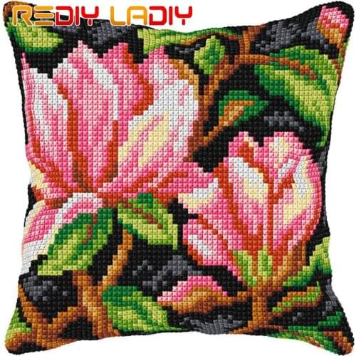 Cross Stitch Cushion Cover Pink Flowers Needlepoint Kit Pre-Printed Canvas Thick Yarn Cross-stitch Pillow Case Arts and Crafts