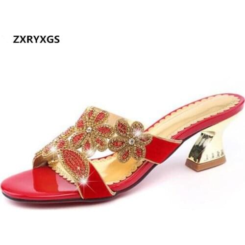 2019 New Summer Sandals Women Shoes Rhinestones Sexy Elegant Temperament Sheepskin Leather Sandals with Thick Wear Women Slipper