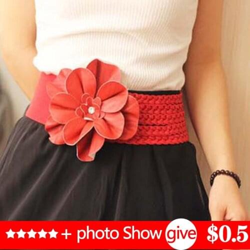New womens wide belts Woven flower point drill elastic elastic waist gauze ladies pu leather ladies elastic band twotwinstyle