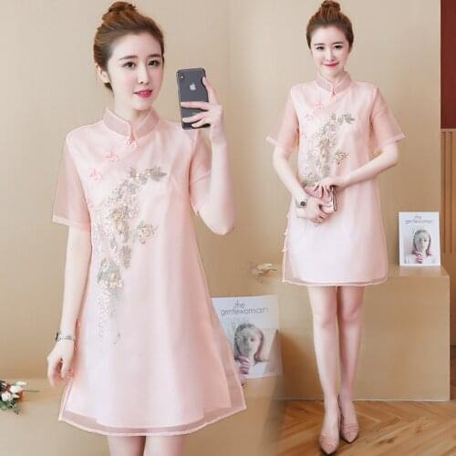 5XL Plus Size Short Sleeve A-Line Dress Chinese Style Improved Cheongsam Women Vintage Floral Embroidery Pale Pinkish Gray Dress
