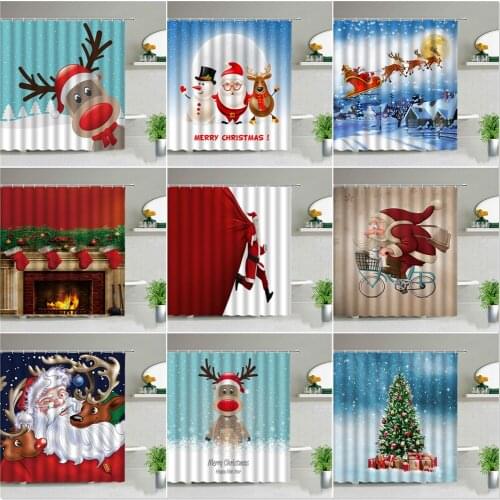 Christmas Shower Curtain Set Santa Claus Elk Snowman Fireplace Tree Happy New Year Cartoon Bathroom Living Room Background Decor