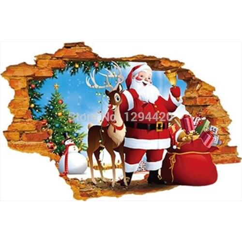 Merry Christmas Santa Claus fake 3d window vinyl wall stickers for home shop decoration Festival poster Xmas wallpaper 70*50cm