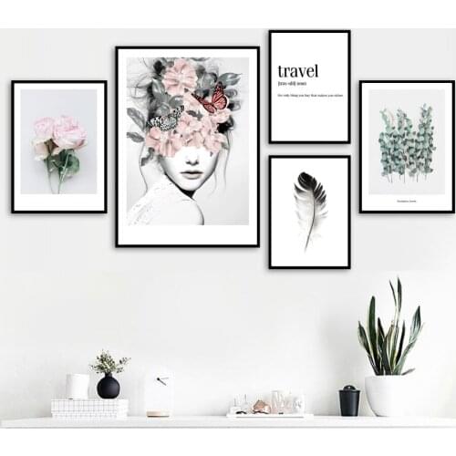 Self-adhesive Wall Stickers Flower Leaf Feather Girl Peony Wall Art Quotes Posters Prints Wall Pictures For Living Room Decor