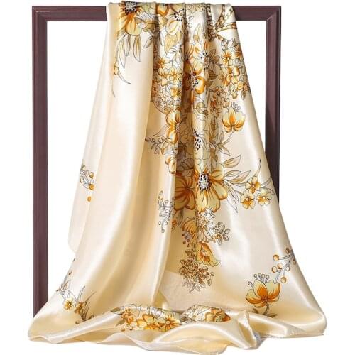 Sping Summer Women Silk Scarf 90*90cm Square Hijab Neck Hair Band Floral Print Shawls Lady Wraps Elegant Foulard Scarves