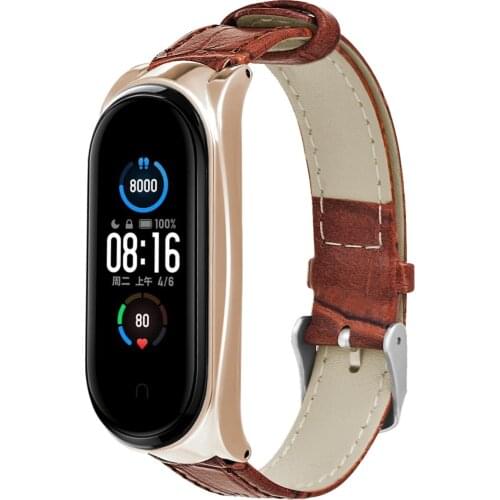 Replacement Faux Leather Strap Band with Metal Frame for Xiaomi Mi Band 5/5 NFC