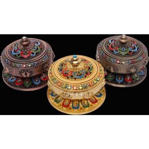 Tibet Buddhism Hand Painting Eight Auspicious Lotus Incense Burner Multi-purpose Aroma Stove Gold/Copper Ancient/Cyan