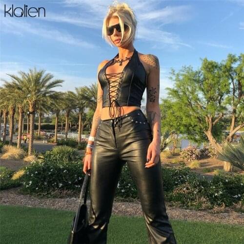 KLALIEN fashion punk black leather hollwo crop tops womens camisole 2020 summer fashion stretch tees Slim Soft leather tank tops