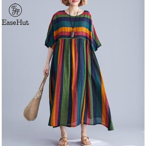 Vintage Women Cotton Linen Dress Colorful Stripe Print O Neck Half Sleeve Side Pockets Plus Size Spring Loose Casual Dress