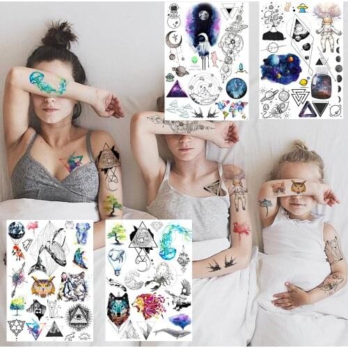 3D Small Dolphin Temporary Tattoos For Children Kids Universe Galaxy Wolf Jellyfish Tattoo Fake Geometric Body Hand Arm Colorful