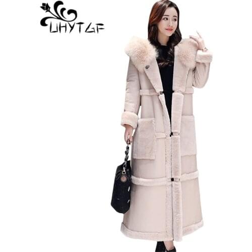 UHYTGF Quality lambswool autumn winter wool coat fashion fur collar hooded long jacket female Plus velvet warm 3XL Plus size1067
