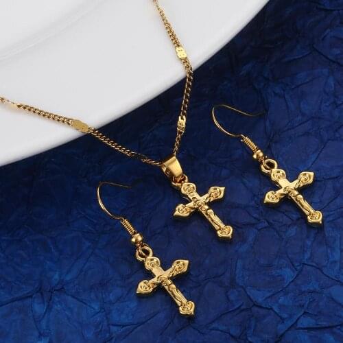 Trendy Cross Pendant Necklace Earrings Gold Color Crucifix Christian Charm Jewelry Set