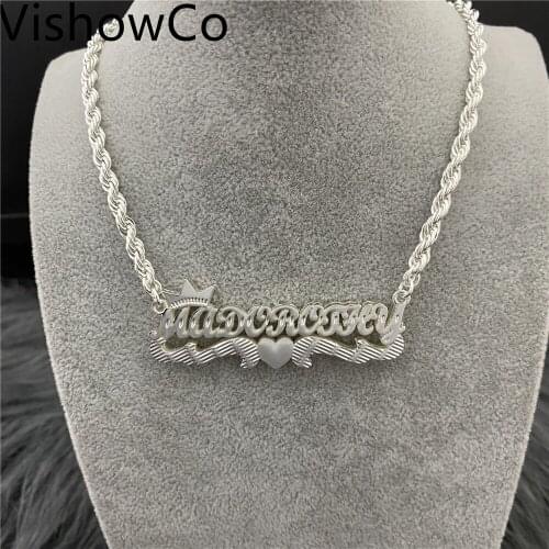 VishowCo Custom Name Necklace 3D Double Name Plate Personalized Stainless Steel Rope Chain With Crown Pendant For Women Gifts