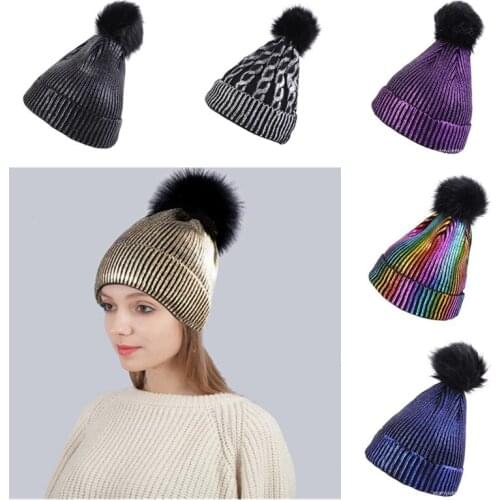 Women winter knitted hat Fur ball Phnom rim warm knitted hat Shiny reflective beanie Outdoor warmth thick knitted hood 2020