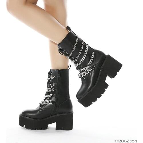 Brand New Metal Buckle Ankle Boots Women Fashion Punk Female High Platform Boots Wedges High Heels Shoes Woman
