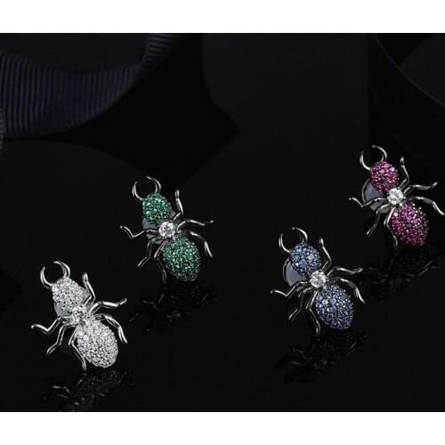 SLJELY Black Grey 925 Sterling Silver Ants Stud Earring Blue Red White Green Cubic Zirconia Stones Women Fashion Fine Jewelry