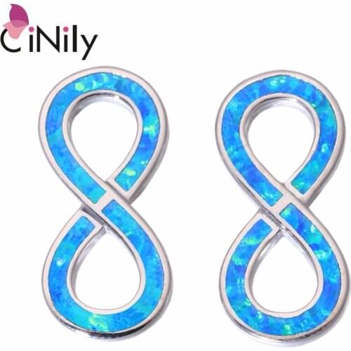 CiNily Created Blue White Fire Opal Silver Plated Wholesale NUMBER : 8 for Women Jewelry Gift Stud Earrings 19mm OH4400-01