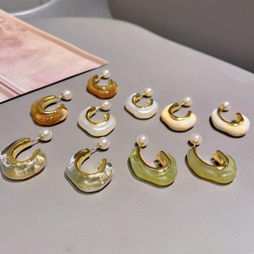 LOVOACC Korean C Shape Colorful Resin Earrings for Women Gold Color Metal Irregular Circle Hoop Earrings Minimalist Jewelry 2021