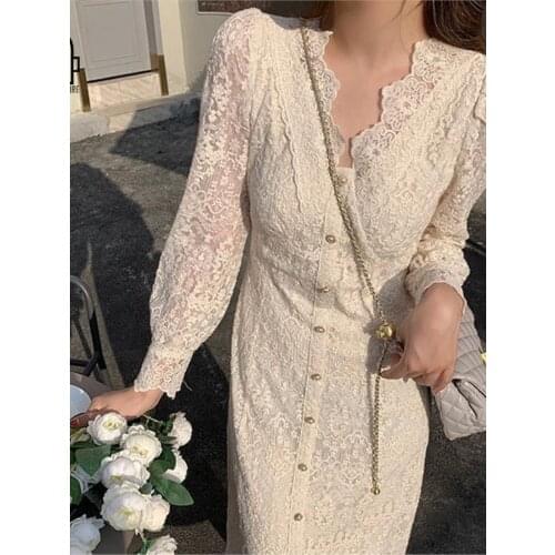 Women V-neck Korean Dress Spring One-piece Evening Lady Party Fairy Dress 2021 Elegant Lace Long Sleeve Midi Dress Winter White