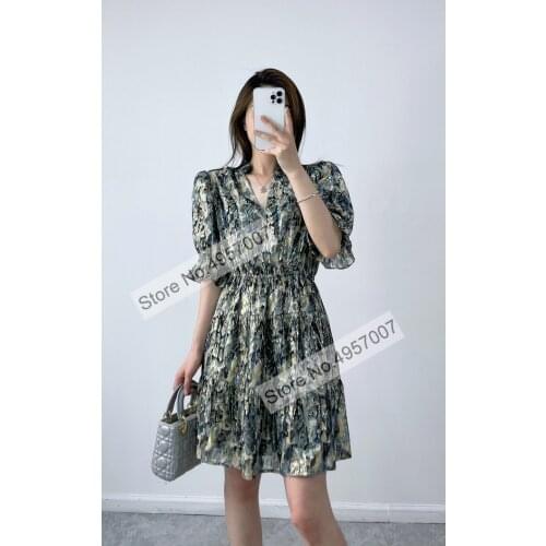 Ladies Silk Shimmer Thread Short Sleeve Short Dress With V Neckline & Ruffle Detail