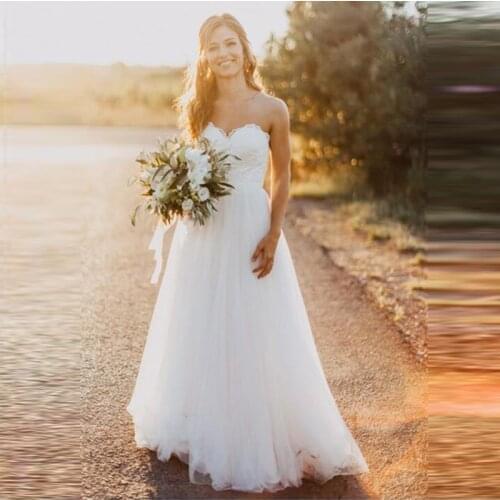 Sweetheart Sleeveless White Wedding Dresses Tulle Full Length Simple Beach Summer Backless A-line Modest Bridal Gown Ivory 2020