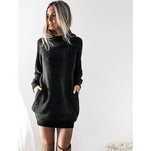 Turtleneck Knitted Dress Womens Long Sleeve Roll Neck Jumper Dress Ladies Mini Elastic Party Loose Elegant Autumn Vestidos