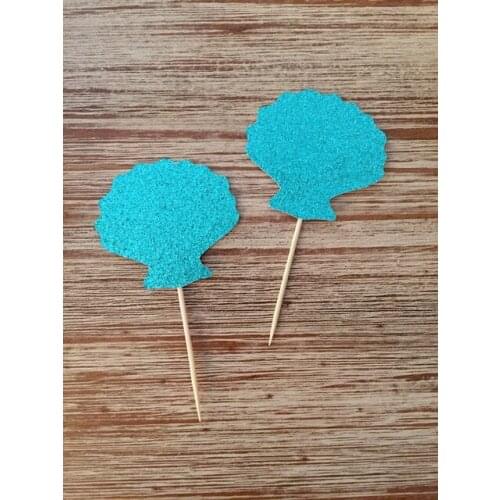 Turquoise Glitter seashells Under the Sea Cupcake Toppers birthday nautical Wedding Bridal Shower Engagement Party food picks