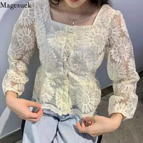 Embroidery Flowers Lace Blouse Women French Square Collar Spring Slim Shirts Ladies 5 Color Elegant Sweet Top Blusas Mujer 15599