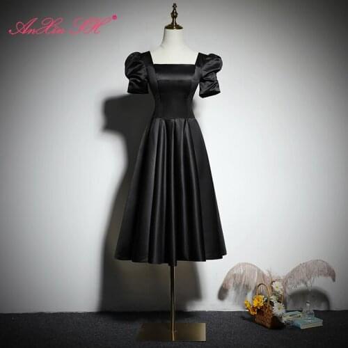 AnXin SH princess black satin evening Dress vintage sweetheart performance short puff sleeve evening dress little black dress