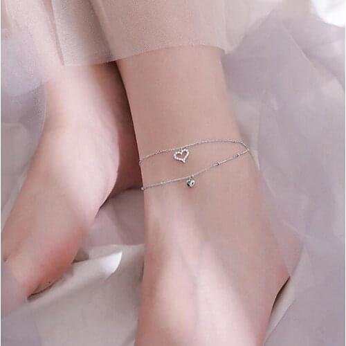 Double Layer Love Heart Anklet Bracelet Silver Color Cubic Zircon Anklet Sandals Foot Jewelry S-B328