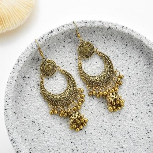 Ethnic Round Jhumka Earrings Women Vintage Ladies Earrings Carved Turkish Silver Color Tassel Indian Turkey Jewelry Bijoux