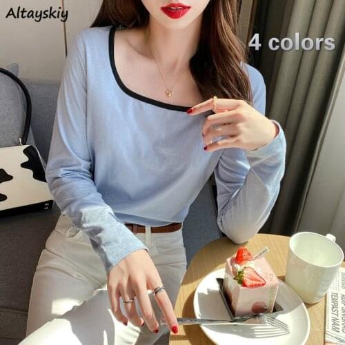 Long Sleeve T-shirts Women Aesthetic Daily Patchwork Popular Simple Casual BF Spring Loose Square Collar Soft Breathable Fashion