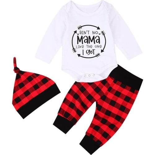 3 PCS Newborn Baby Girls Boys Sets Long Sleeve Letter Print O Neck Romper Plaid Pants Hats Infant Toddler Autumn Outfits 0-24M