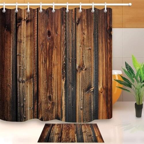 LB Rustic Country Style Barn Door Shower Curtains Farmhouse Style Western Brown Primitive Wood Shower Curtains for Rural Life