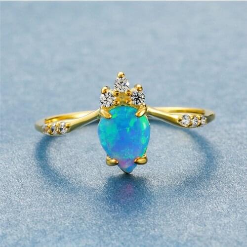 Minimalist Female Blue Fire Opal Ring Silver Yellow Gold Water Drop Engagement Ring Promise Love Wedding Rings For Women