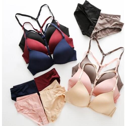Solid Color Light Front Buckle Without Rims Beauty Back No Trace Gathered Bra + Briefs Set