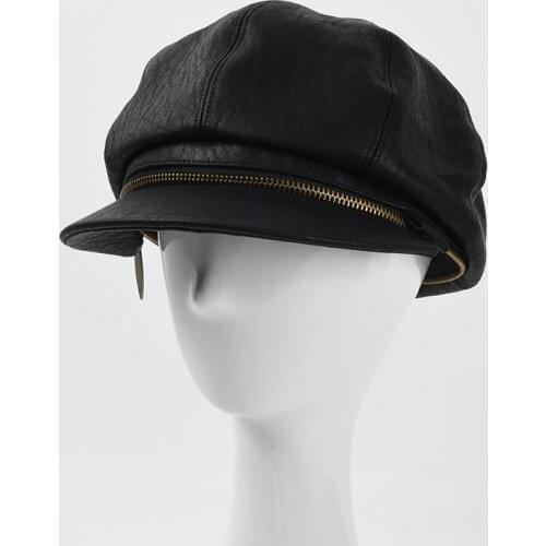 Autumn And Winter PU Leather Octagonal Hat Female Personality Zipper Cap Brim Detachable Dual-purpose Beret Retro Duck Tongue