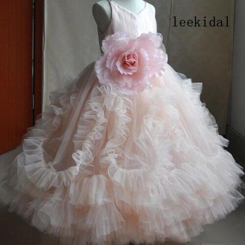 Flower Girls Dresses New Lace Long Sleeve Bow Scoop Neck Floor Length Wedding Gowns Girl Dress Custom