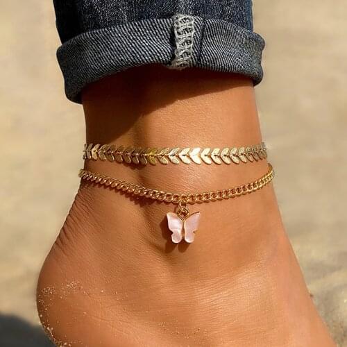 KISS WIFE Pink Butterfly Chain Anklets Set For Women Girls Multilayered Anklet Foot Ankle Bracelet Beach Jewelry 2021Trend Gift