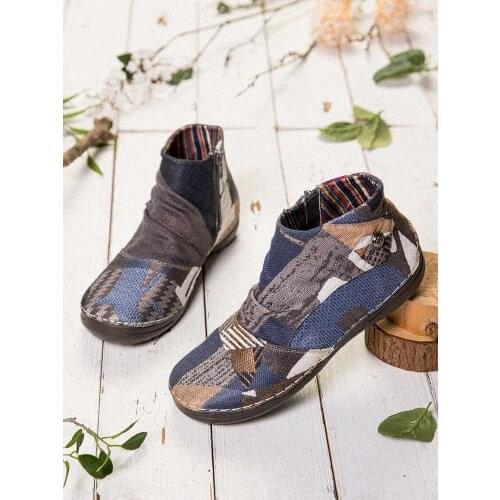 SOCOFY Retro Pattern Cloth Splicing Metal Buckle Zipper Soft Flat Boots Women Boots Women Casual Lightweight Ankle Botas