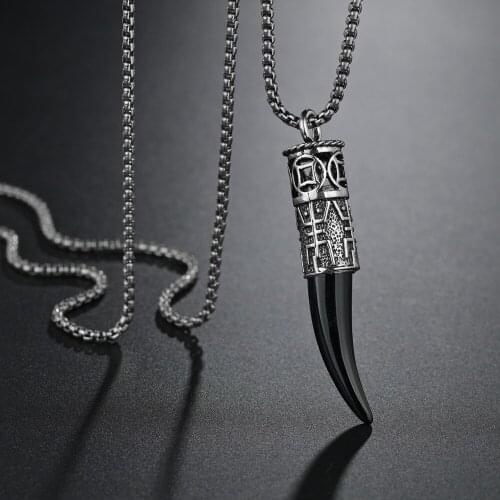 Vintage Punk Black Ox Horn Pendant Necklaces For Men Hip Hop Stainless Steel Long Chain Cool Fashion Jewelry Gifts Party