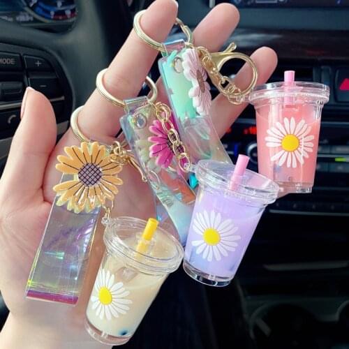 Japanese Daisy Wishing Bottle Liquid Keychain Glitter Quicksand Acrylic Keyring Backpack Trinket Couples Women Key Chain Gift