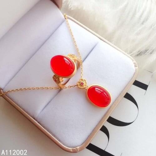 KJJEAXCMY fine jewelry natural red Carnelian 925 sterling silver women pendant necklace chain ring set support test popular