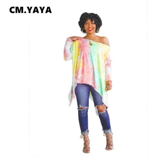 CM.YAYA Women T-shirts Print Full Sleeve Skew Collar Loose Asymmetrical Long Slited Tees Tops Fashion Casual Streetwear Autumn