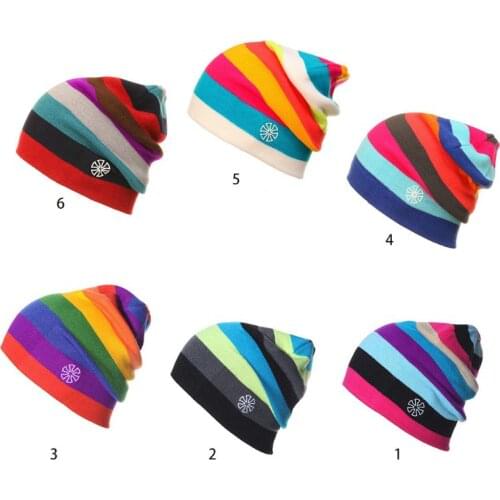 Women Men Winter Knitted Snow Ski Beanie Hat Rainbow Striped Baggy Slouchy Cap F3MF