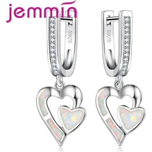 Brand Romantic Double Heart Design Fine 925 Sterling Silver White Fire Opal Wedding Engagement Dangle Earrings For Women
