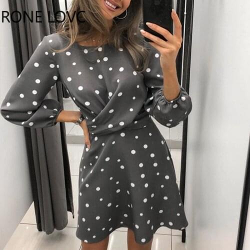 Women Elegant Fashion Long Sleeve Round Neck Dots Dress Mini Dress Party Dress